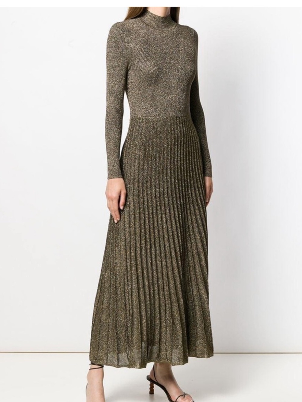 Sandro Metallic Knit Pleated Old Money Maxi Dress 8 Gold/Black